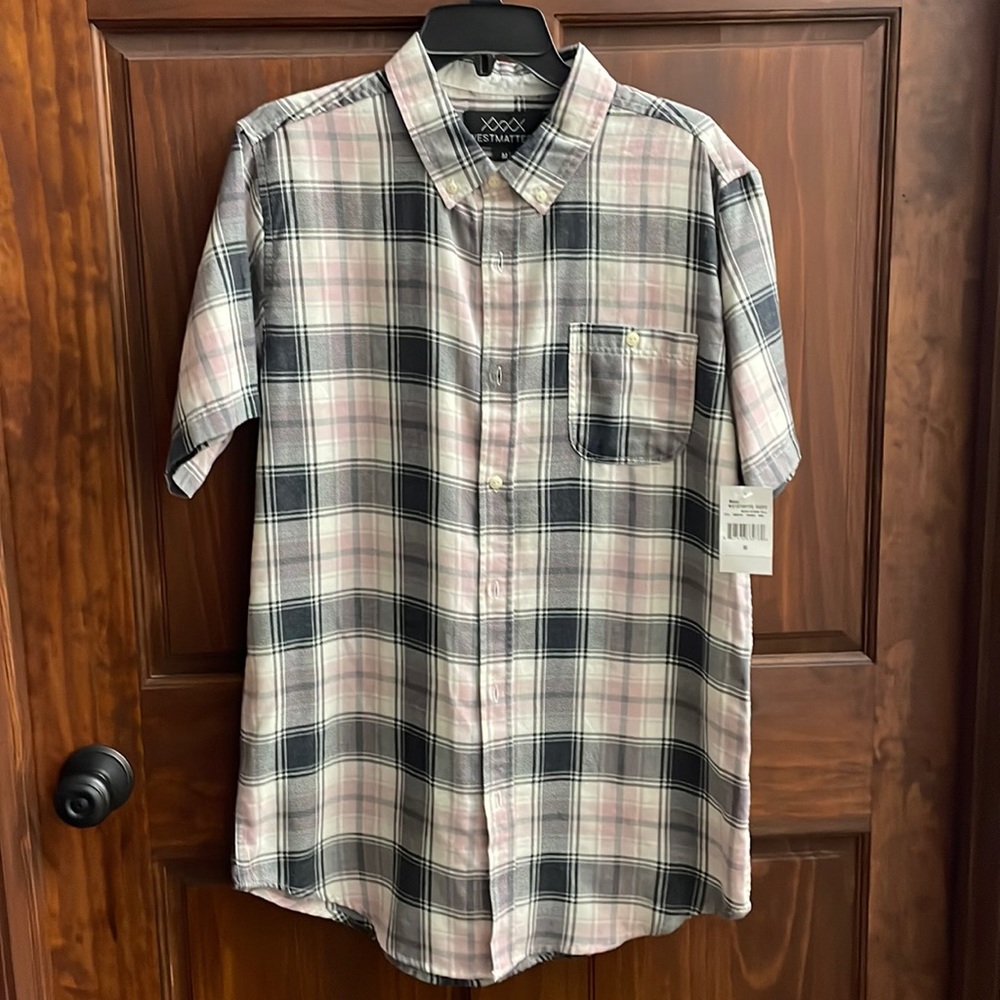 WESTMATTERS Men’s S/S button down grey/black/pink plaid NWT Medium TALL
